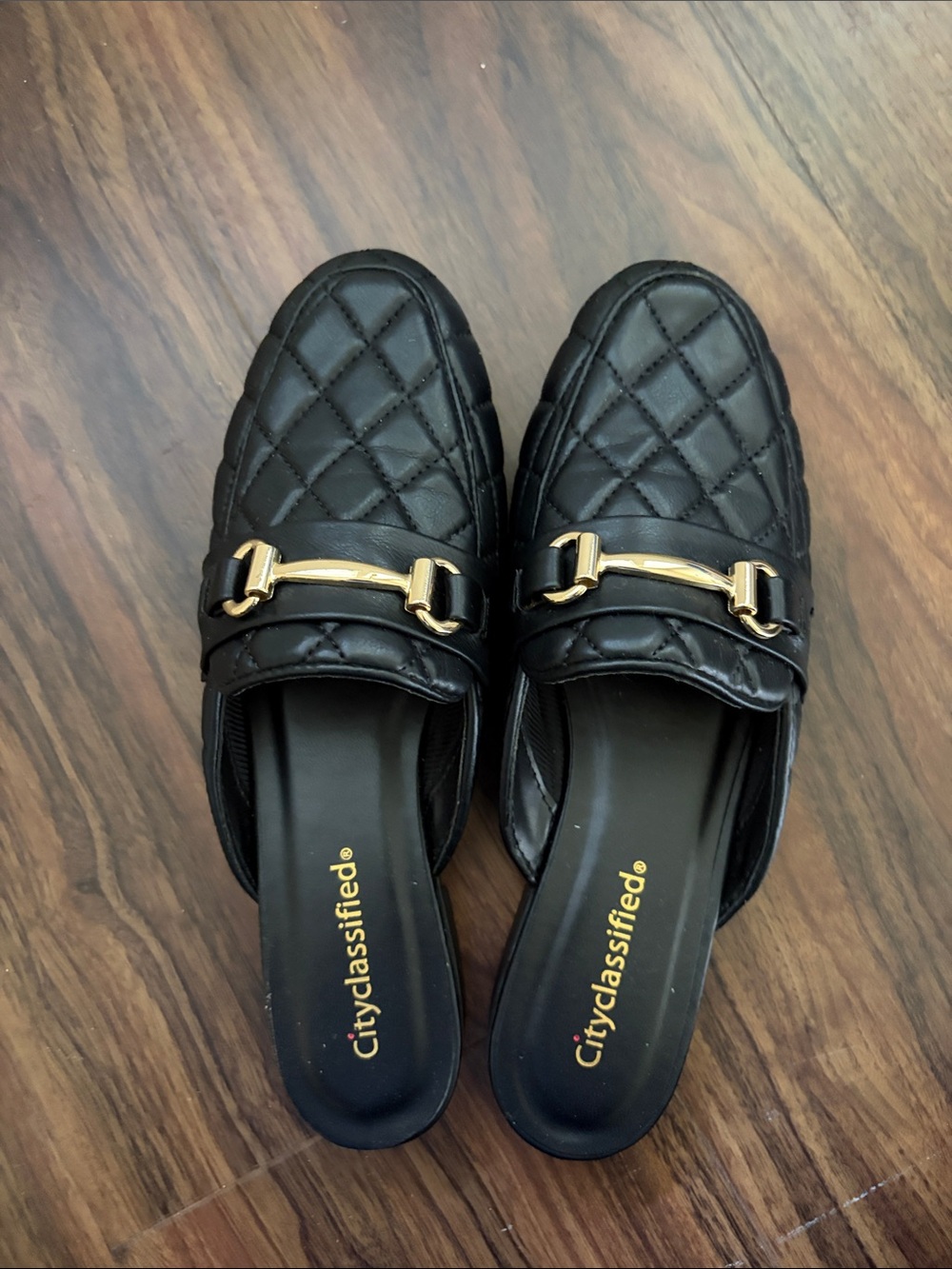 Cityclassified Black Quilted Mule Loafers with Gold Bit
